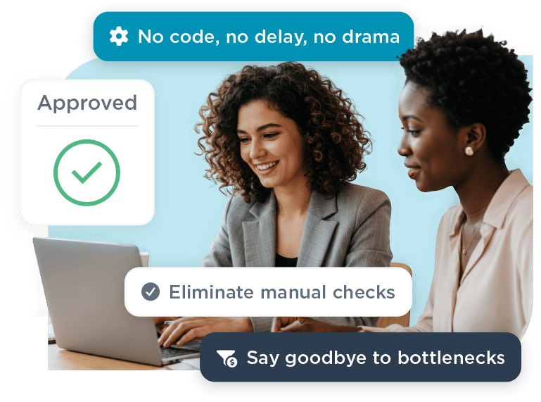 Two professionals reviewing an approved decision on a laptop with messaging highlighting automated checks and removal of manual bottlenecks.