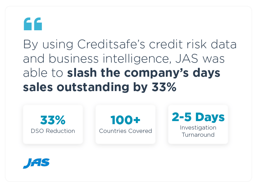 Customer case study highlighting how JAS reduced days sales outstanding by 33% using Creditsafe credit risk and business intelligence data.