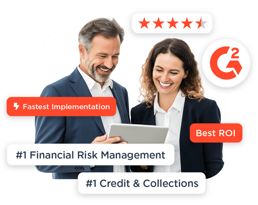 Business professionals reviewing data with badges highlighting Creditsafe’s G2 rankings for fastest implementation, best ROI, and number one in financial risk management and credit and collections.
