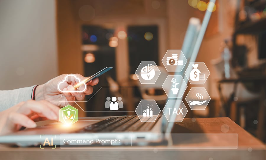 An open laptop with a graphic overlaid that features AI and finance icons