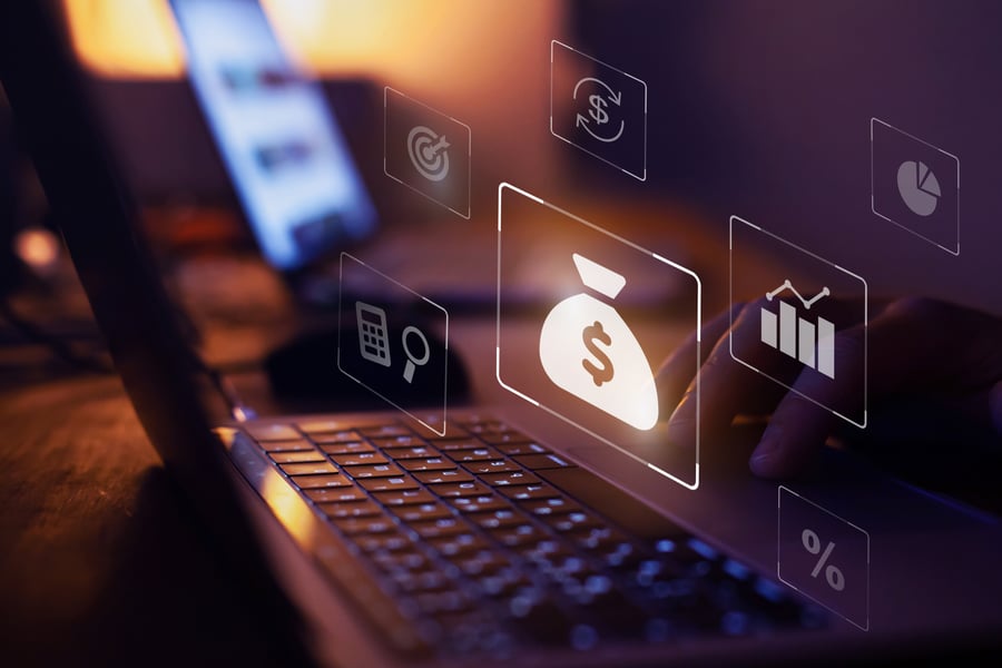 A graphic showing icons relating to payments, revenue, and debt
