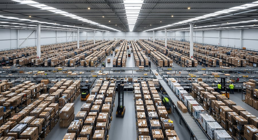 A large warehouse filled with rows of boxes