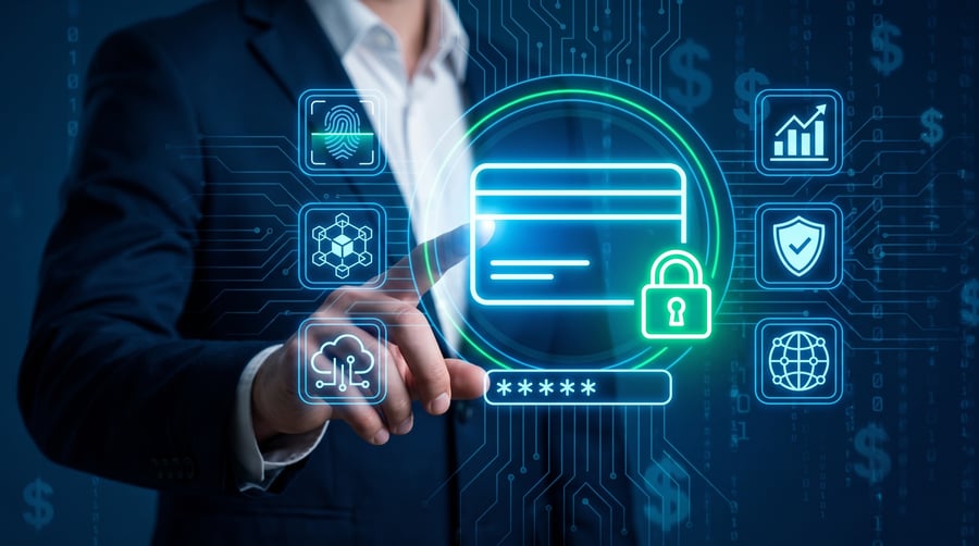 A graphic overlaid on a business man pointing to a credit card/payment data
