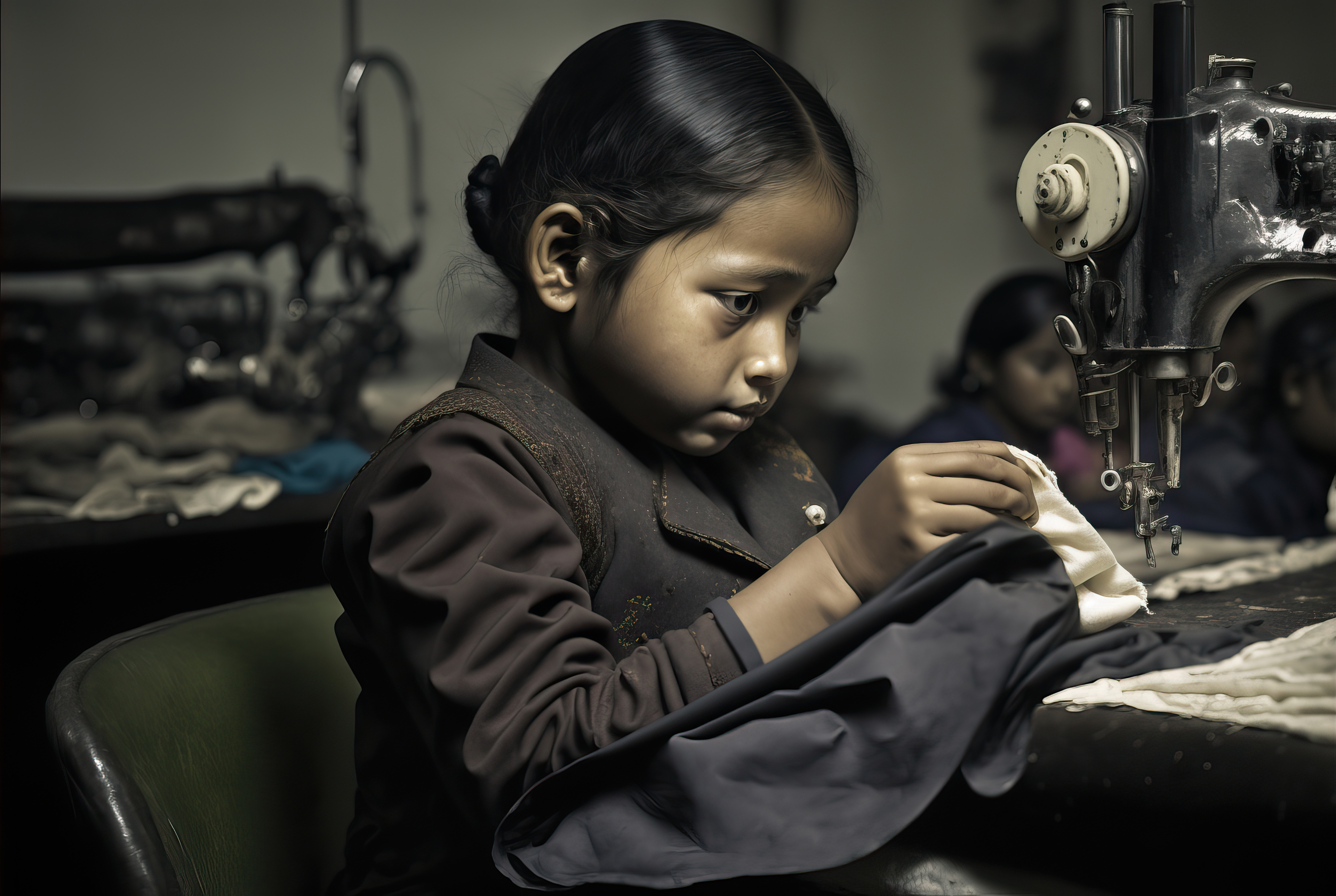 Child sewing clothes