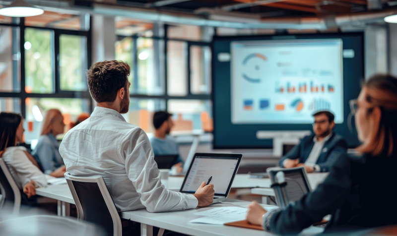 A finance professional researching a potential business acquisition and discussing with team 